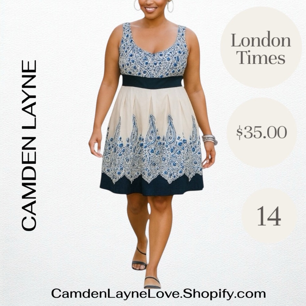 London Times Blue A-Line Scoop Neck Midi Dress - Picture 6 of 7